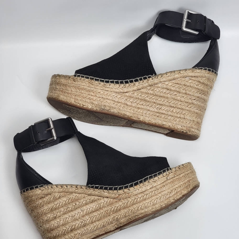 Marc Fisher MLANNIE ESPADRILLE WEDGE SANDAL, Black Leather, EUC, size 8.5 - Picture 5 of 8